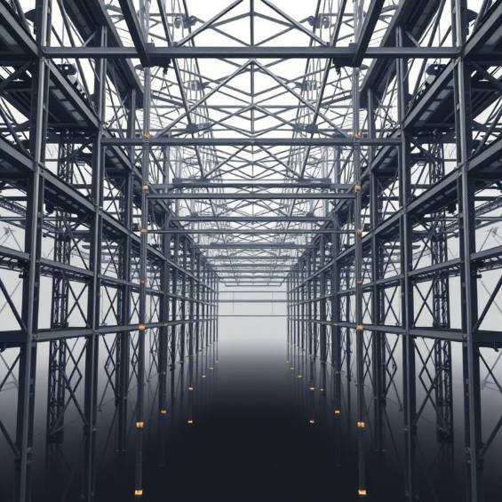 Architectural visualization of interconnected structures with geometric symmetry in charcoal and subtle gold.